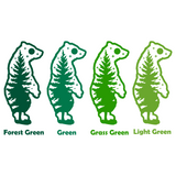 Four green meerkat illustrations with labels for different shades of green on a white background.