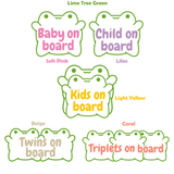 Set of colorful 'on board' signs with text indicating number of children.