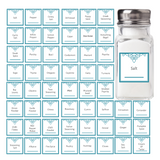 Clear salt shaker with label next to a grid of seasoning labels on a white background
