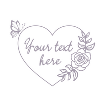 Decorative heart shape with text placeholder, butterfly, and rose on a white background