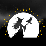 A black silhouette of a witch wearing a pointed hat and holding out her hand, with a white full moon behind her and a black bird perched on her fingers. Yellow stars decorate the circular moon against a dark background with raindrops.
