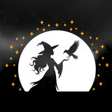A Halloween-themed graphic design featuring a black silhouette of a witch with a pointed hat, holding a bird, set against a large white full moon with small yellow stars on a dark background.