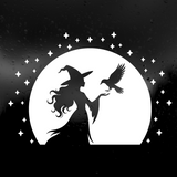 Black and white Halloween window decal featuring a witch silhouette with a pointed hat, reaching toward a bird, set against a large full moon with surrounding stars.