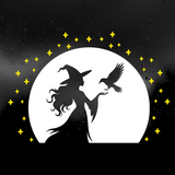 A black silhouette of a witch wearing a pointed hat and holding out her hand, with a white full moon behind her, a black bird in flight at her side, and small yellow stars scattered around on a dark background.