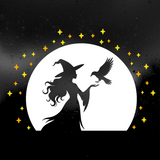 A Halloween-themed graphic design featuring a black silhouette of a witch with a pointed hat, holding a bird, set against a large white full moon. The moon is surrounded by a ring of small yellow stars on a dark, rain-textured background.