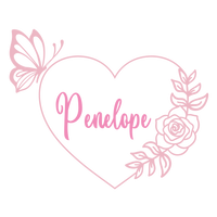 Heart-shaped design with 'Penelope' text, butterfly, and rose on a white background