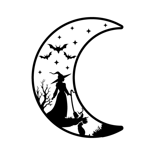 Black silhouette of a witch on a crescent moon with bats and stars.