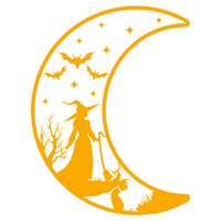 Orange silhouette of a witch on a crescent moon with bats and stars on a white background