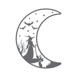 Silhouette of a witch on a broomstick with bats and stars inside a crescent moon on a white background
