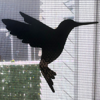Black silhouette of a hummingbird on a screen door