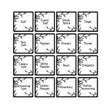 Set of 16 black and white seasoning labels on a white background