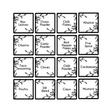 Set of 18 black and white spice labels on a white background