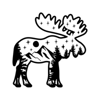 Black and white illustration of a moose with mountains and trees on its body
