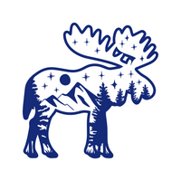 Blue moose illustration with mountains and trees on a white background