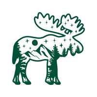 Green moose illustration with mountains and trees on a white background