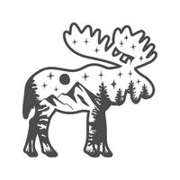 Moose with mountains and trees on a white background