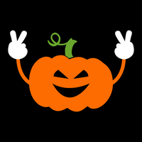 Cartoon pumpkin with arms and white gloves on a black background
