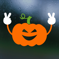 Cartoon pumpkin with arms and peace signs on a dark background