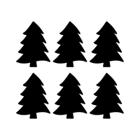 Six black silhouette Christmas trees on a white background