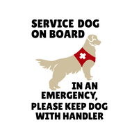 Service dog on board sign with a dog wearing a red vest on a white background