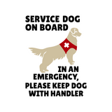 Service dog on board sign with a dog wearing a red vest on a white background