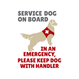 Service dog on board sign with a dog wearing a red vest and text on a white background