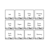 Set of 12 black and white seasoning labels on a white background