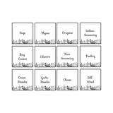 Set of 12 black and white seasoning labels on a white background