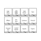 Set of 12 black and white spice labels on a white background
