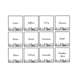 Set of 12 black and white spice labels on a white background
