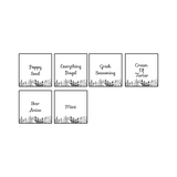 Set of six rectangular labels with different seasoning names and illustrations on a white background.
