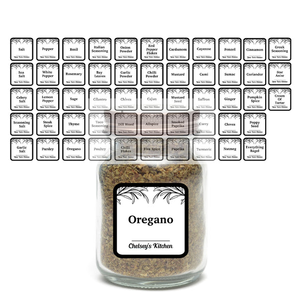 Jar of oregano with a label and a grid of spice labels in the background.