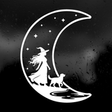 Die Cut Vinyl Decal - Witch Walking Her Dog On The Moon