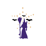 Silhouette of a witch with a broom, surrounded by stars and bats on a white background decal by get decaled