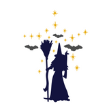 Silhouette of a witch with a broom, surrounded by stars and bats on a white background decal by get decaled