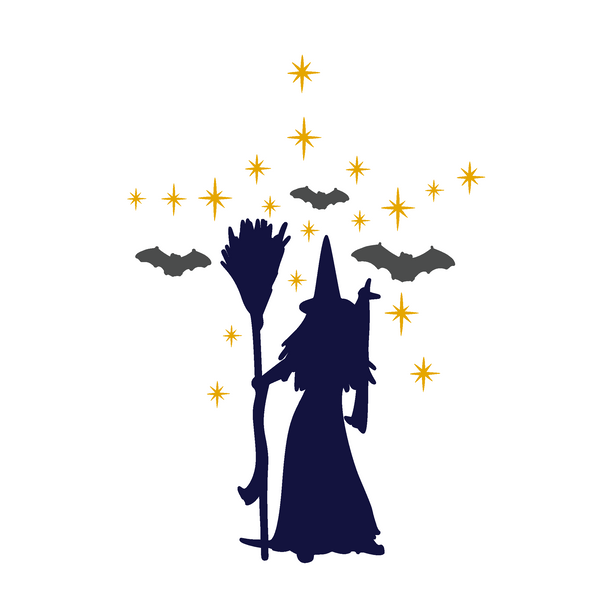 Silhouette of a witch with a broom, surrounded by stars and bats on a white background decal by get decaled