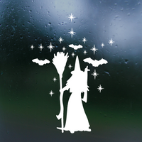 Silhouette of a witch with a broom, surrounded by stars and bats on a white background decal by get decaled