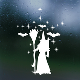 Silhouette of a witch with a broom, surrounded by stars and bats on a white background decal by get decaled