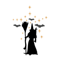 Silhouette of a witch with a broom, surrounded by stars and bats on a white background decal by get decaled