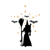 Silhouette of a witch with a broom, surrounded by stars and bats on a white background decal by get decaled
