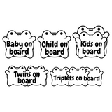 Set of 'on board' signs with different text for various scenarios on a white background.
