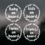Die Cut Vinyl Foliage Wreath With Hearts "Baby /Twins / Triplets / Kids On Board Decal