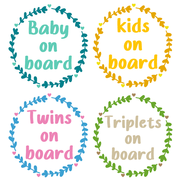 Die Cut Vinyl Foliage Wreath With Hearts "Baby /Twins / Triplets / Kids On Board Decal