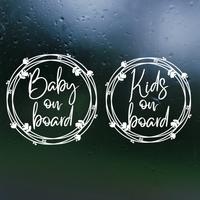 Die Cut Vinyl Baby / Kids On Board Boho Wreath Style Decal - Vehicle / Window Decal