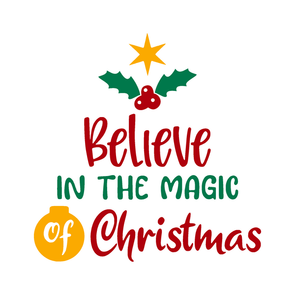 Christmas-themed text with holly leaves, star, and ornament on a white background