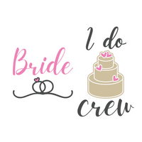 Design elements for a bride and her crew with 'Bride' in pink, wedding rings, and a cake with hearts on a white background.
