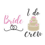 Design elements for a bride and her crew with 'Bride' in pink, wedding rings, and a cake with hearts on a white background.