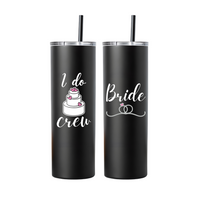 Two black tumblers with 'I do Crew' and 'Bride' text and graphics on a white background.