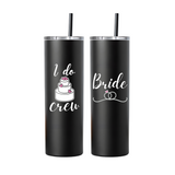 Two black tumblers with 'I do Crew' and 'Bride' text and graphics on a white background.