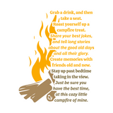 Text and graphic of a campfire on a white background